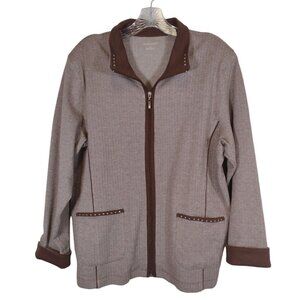 Allison Daley Womens L Blazer Rhinestones Brown Full Zip Long Sleeve Herringbone